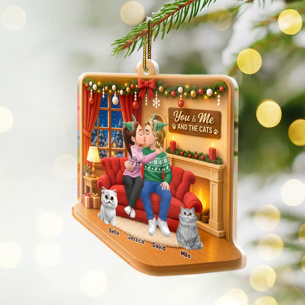 Christmas, Dog Couple, Dog Lovers, Gift For Couples, Pet Lovers, Romantic, Vector - Christmas Gift For Couples With Dogs - Personalized Diorama Style Acrylic Ornament
