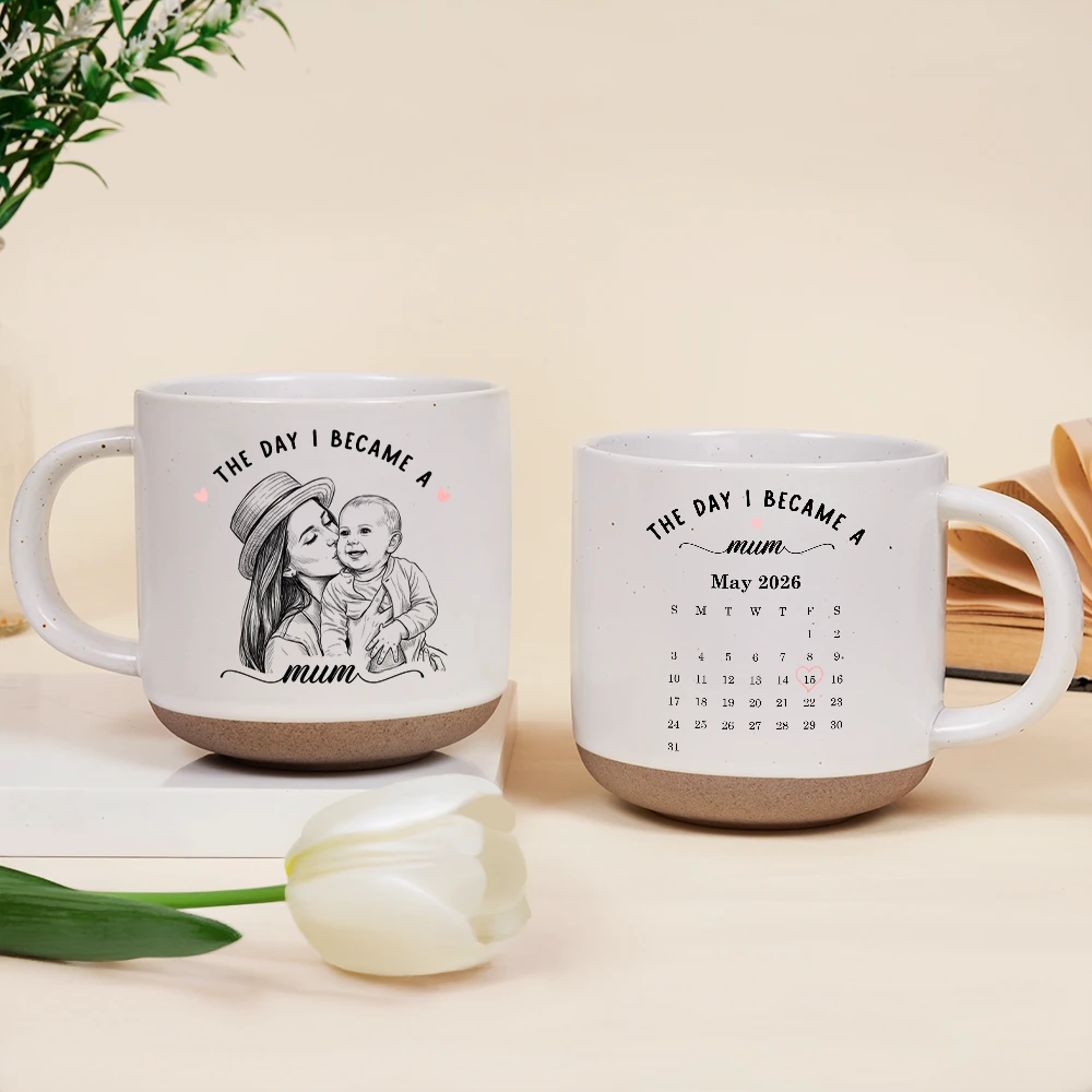 Art Design,Christmas,Custom Photo,First Christmas,Gift For Mother,Gifts For Her,Happy,New Baby,New Mom,Photo - Pencil Sketch - Bold - Gift For New Mom - Personalized Custom Photo Pencil Sketch Calendar The Day I Became A Mama Pottery Mug