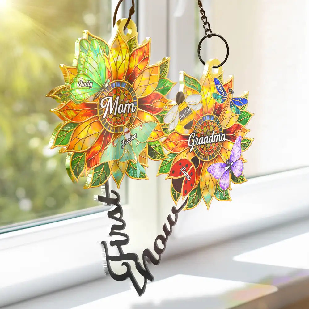 Gift For Grandma,Grandma - Grandkids,Grandma's Hobby,Gardening,Happy - First Mom Now Grandma Sunflower Stained Glass Effect - Personalized Window Hanging Suncatcher Ornament