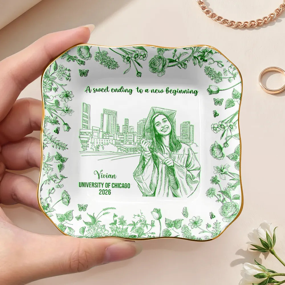 Graduation,Gift For Yourself,Gift For Women,Happy - Custom Photo Pencil Sketch Graduation A Sweet Ending To A New Beginning - Personalized Ring Dish