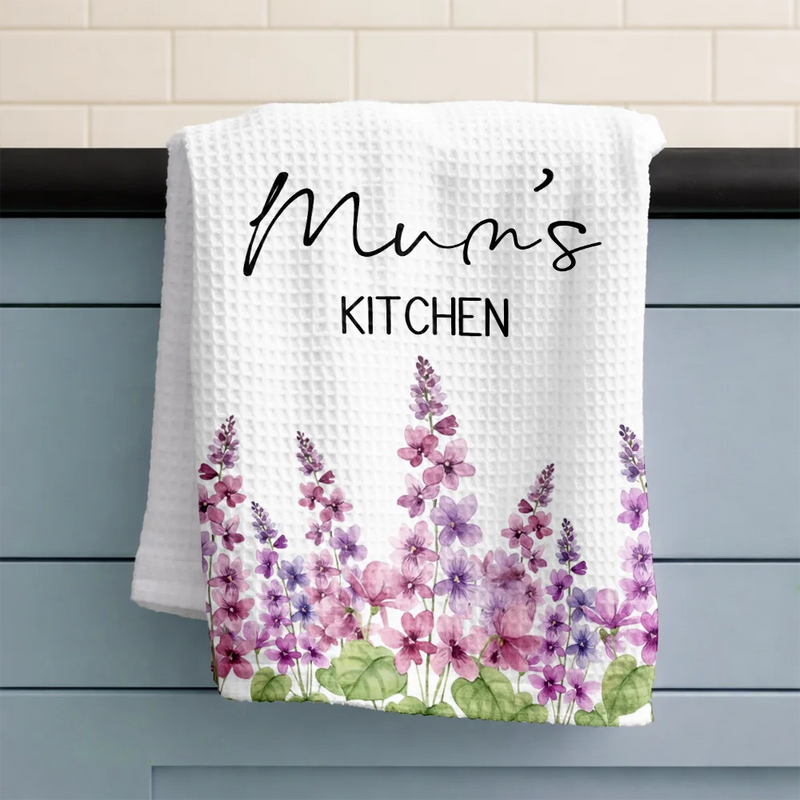 Gift For Wife, Gift For Mother, Gift For Grandma, Happy - Mom Grandma Kitchen Watercolor Birth Flower - Personalized Kitchen Towel