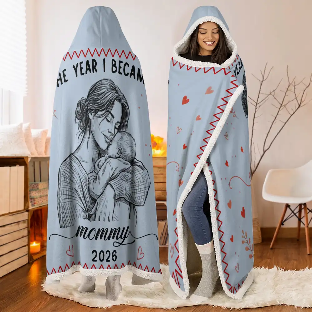 Art Design,Christmas,Custom Photo,First Christmas,Gift For Mother,Gifts For Her,Happy,New Baby,New Mom,Photo - Pencil Sketch - Remove BG - Gift For New Mom - Personalized Custom Photo Pencil Sketch The Year I Became A Mama Wearable Hooded Blanket