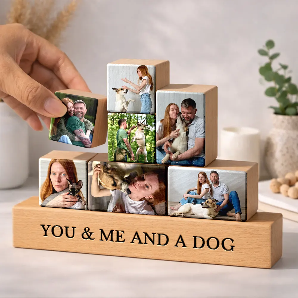 Pet Lovers,Pet Mom,Pet Dad,Pet Couple,Dog Lovers,Dog Mom,Dog Dad,Dog Couple,Cat Lovers,Cat Mom,Cat Dad,Cat Couple - Custom Photo Cute Dog Cat For Pet Lover - Personalized Wooden Stacking Photo Blocks