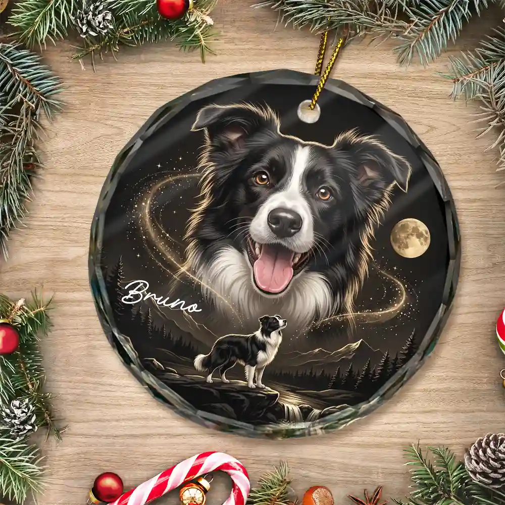 Art Design,Christmas,Custom Photo,Indoor Decor,Pet Lovers,Photo - Moon Pet ,Playful - Gift For Dog Lovers - Personalized Custom Photo Moonlight Night Sky Portrait Circle Glass Ornament