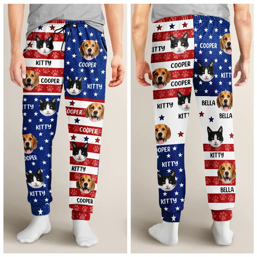 Independence Day,Dog Lovers,Pet Lovers,Cat Lovers,Photo,Proud - Custom Photo Funny Pet Face Pattern Dog Cat US Flag - Personalized Pajama Pants