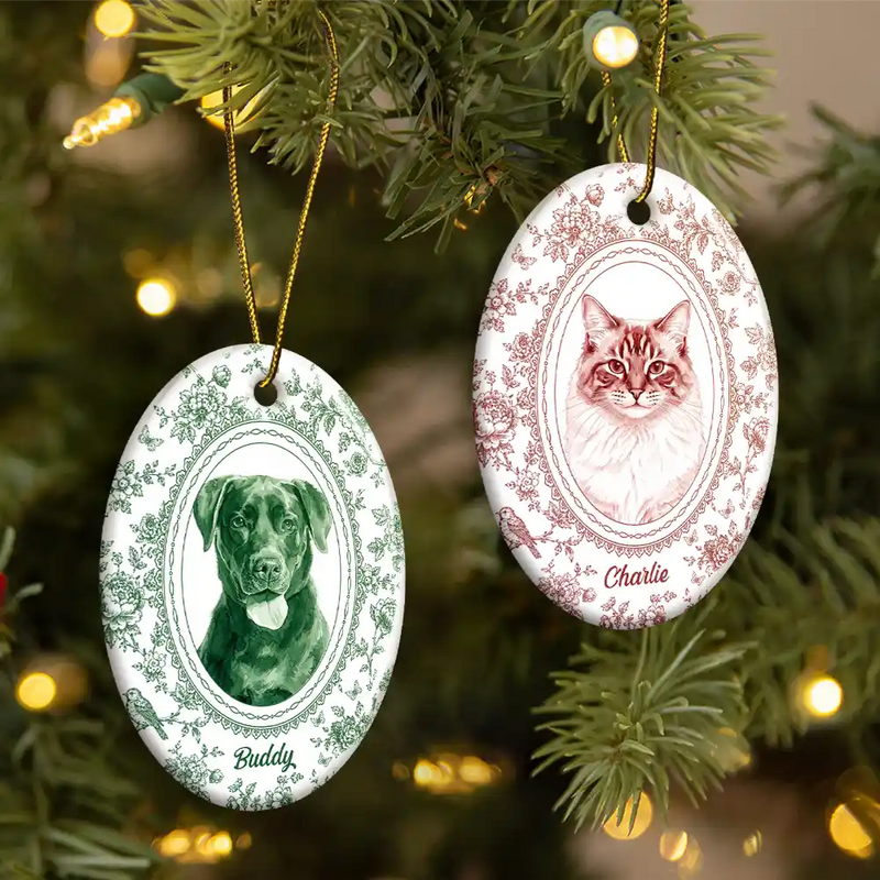 Art Design,Christmas,Cozy,Pet Lovers,Photo - Porcelain Art Style- Custom Photo Single-Color Watercolor Loving Dog Cat Pet Family Portrait - Personalized Oval Ceramic Ornament