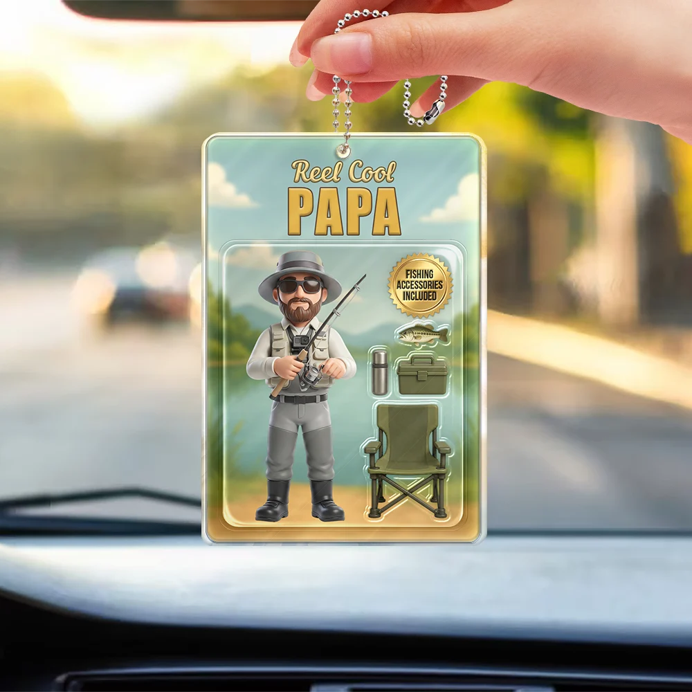 Gift For Father,Custom Photo,Fishing,Art Design,Playful,Photo - Toybox Figure - Custom Photo Toybox Figure Fishing Man Dad Grandpa Limited Edition - Personalized Acrylic Car Hanger