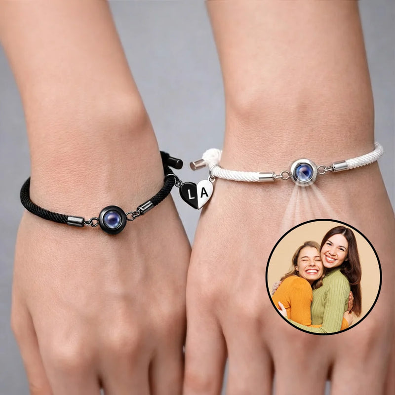 Happy,Gift For Bestie,Old Best friends,Gift For Sisters - Custom Photo Besties Sisters Forever - Personalized Photo Projection Bracelet Magnetic Initial