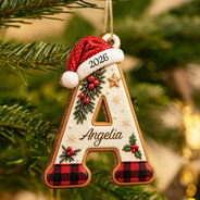 Sentimental,Christmas,Family,Icon - Custom Name Christmas Santa Hat Initial Letter Gift For Family - Personalized Custom Shaped Wooden Ornament