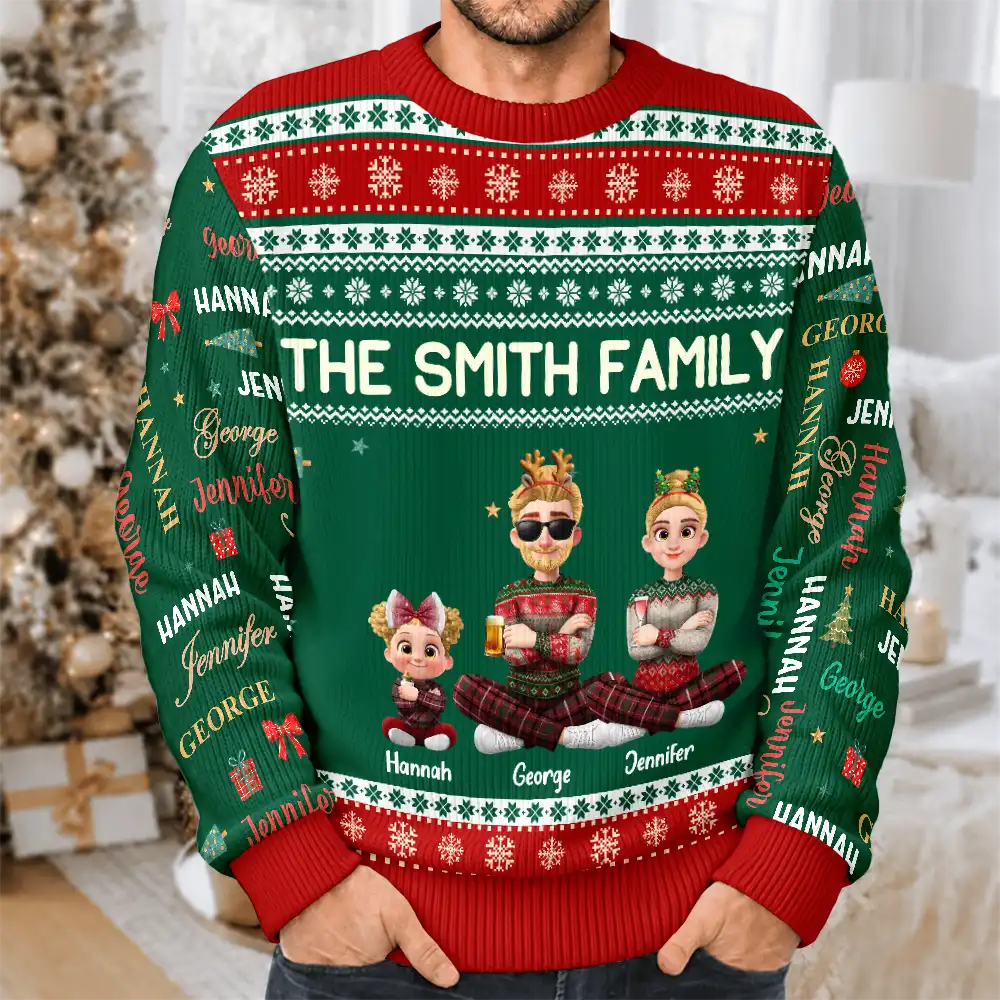 Christmas, Family, Happy, Vector - Matching Christmas Gift For Family - Personalized Member Names Holiday Unisex Ugly Sweater