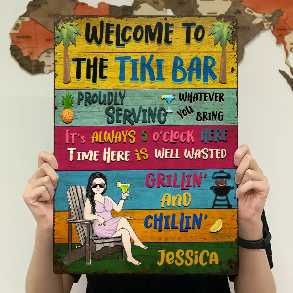 Gift For Couples,Gift For Husband,Gift For Wife,Gift For Boyfriend,Gift For Girlfriend,Patio,Grilling,Happy - Couple Outdoor Decor Proudly Serving Whatever You Bring - Personalised Classic Metal Signs