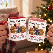 Christmas,Gift For Couples,Old Couples,Romantic,Vector - Anniversary Gift For Couples - Personalized Annoying Each Other Heart Handle Accent Mug