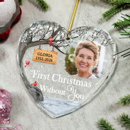 Custom Photo Memorial First Christmas Without You - Personalized Heart Shaped Glass Ornament