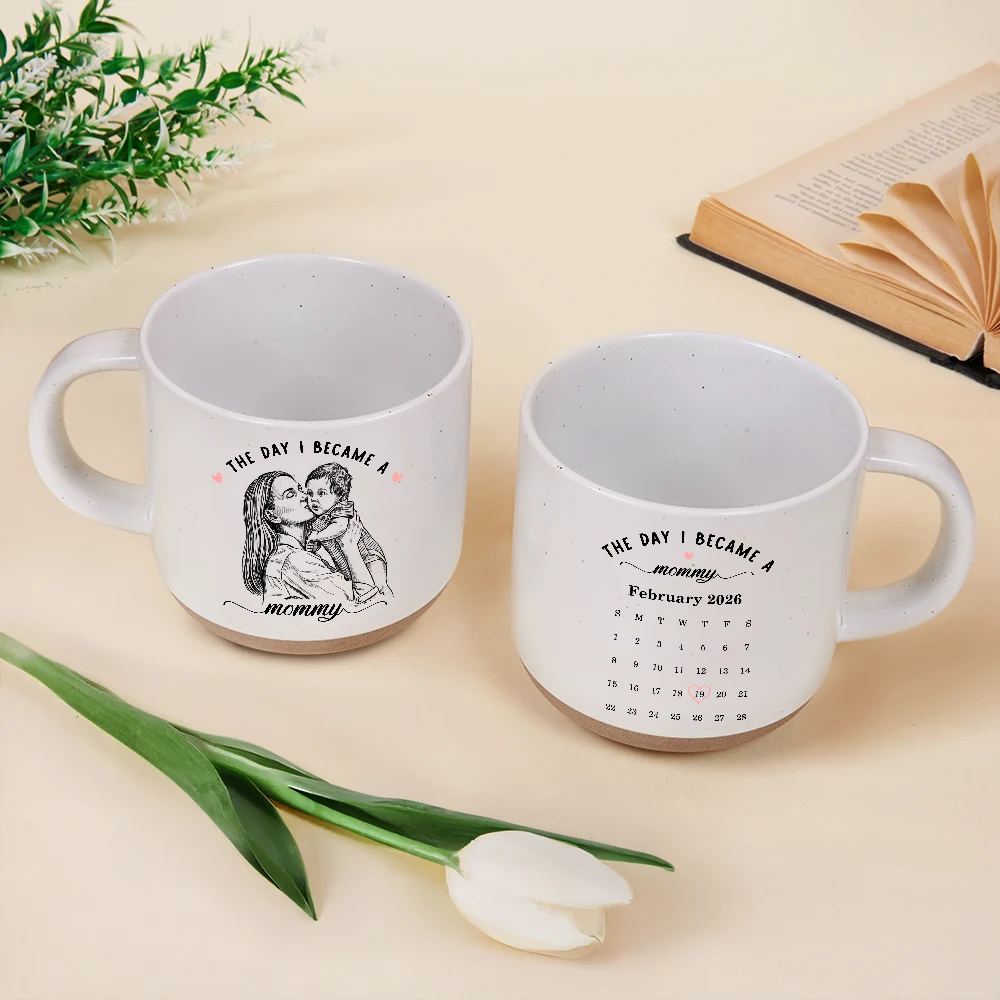 Art Design,Christmas,Custom Photo,First Christmas,Gift For Mother,Gifts For Her,Happy,New Baby,New Mom,Photo - Pencil Sketch - Bold - Gift For New Mom - Personalized Custom Photo Pencil Sketch Calendar The Day I Became A Mama Pottery Mug