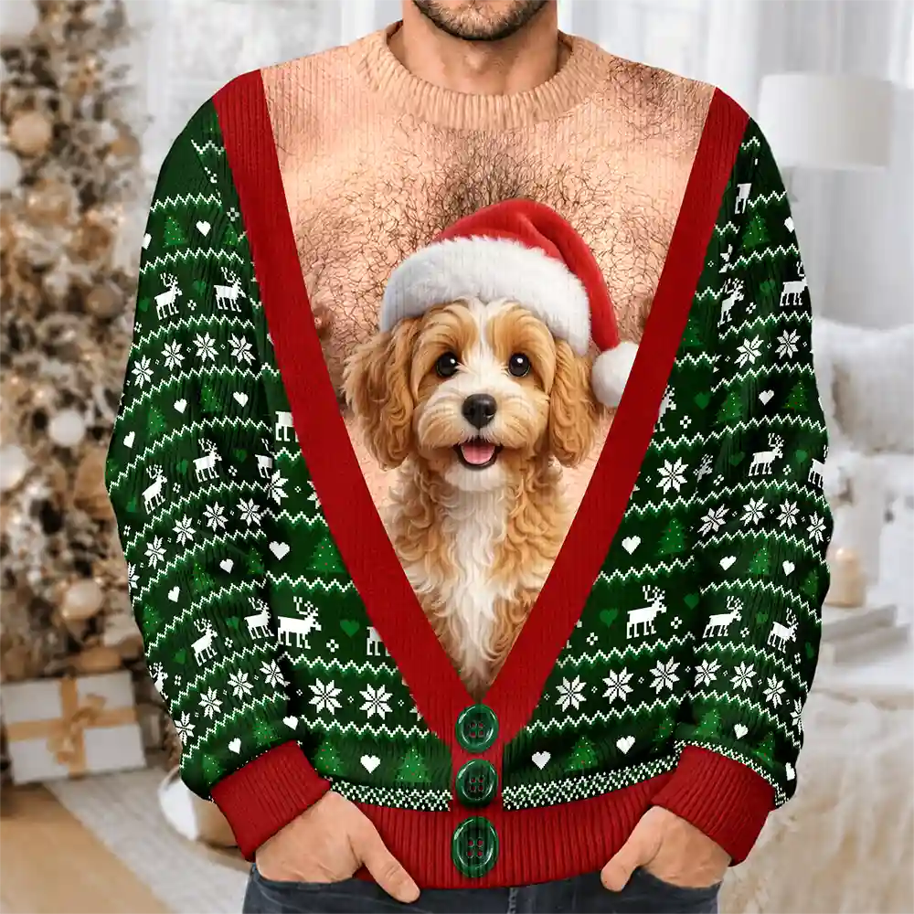 Adorable,Art Design,Christmas,Custom Photo,Gift For Father,Pet Dad,Pet Lovers,Photo - Christmas Accessories 3D Cartoon Pet,Top Market - Christmas Gag Gift For Pet Dad - Personalized Custom Photo Pet Face Hairy Chest Abs Body Unisex Ugly Sweater