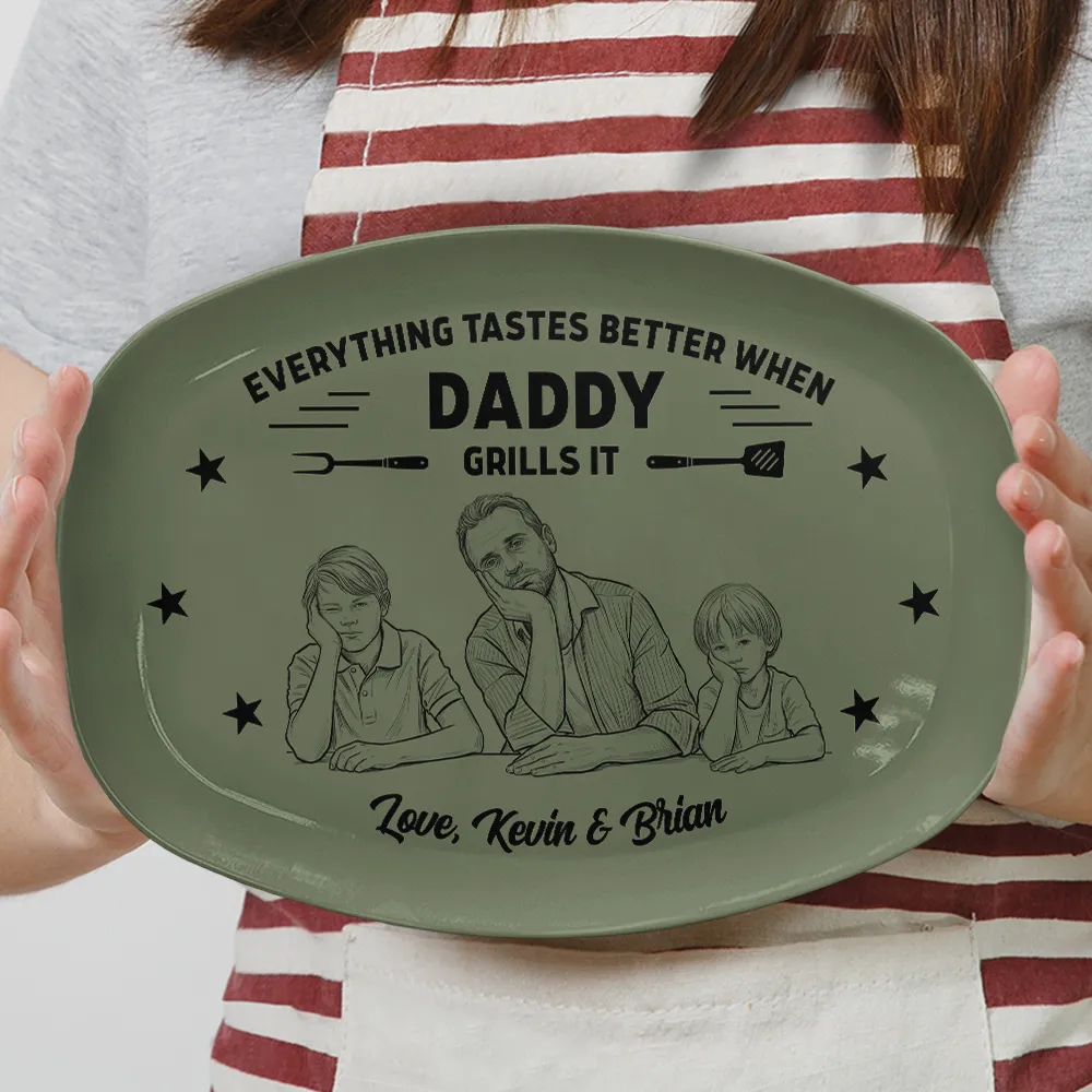 Gift For Father,Custom Photo,Grilling,Art Design,Proud,Photo - Pencil Sketch - Bold - Custom Photo Bold Sketch Everything Tastes Better When Grandpa Daddy Grills It - Personalized Plate