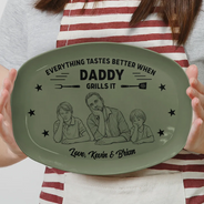 Gift For Father,Custom Photo,Grilling,Art Design,Proud,Photo - Pencil Sketch - Bold - Custom Photo Bold Sketch Everything Tastes Better When Grandpa Daddy Grills It - Personalized Plate