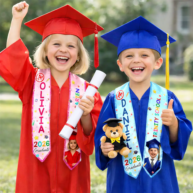 Graduation,Gift For Grandkids,Gift For Kids,Happy - Custom Photo Cute Graduation Kid Kindergarten Preschool - Personalized Kid Graduation Stole