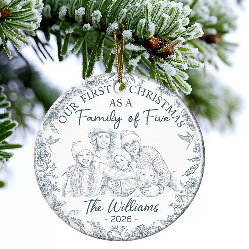 Parents,New Baby,Art Design,Christmas,Photo - Pencil Sketch - Remove BG,Happy - Custom Photo Pencil Sketch First Christmas As A Family Of Four Toile - Personalized Circle Ceramic Ornament