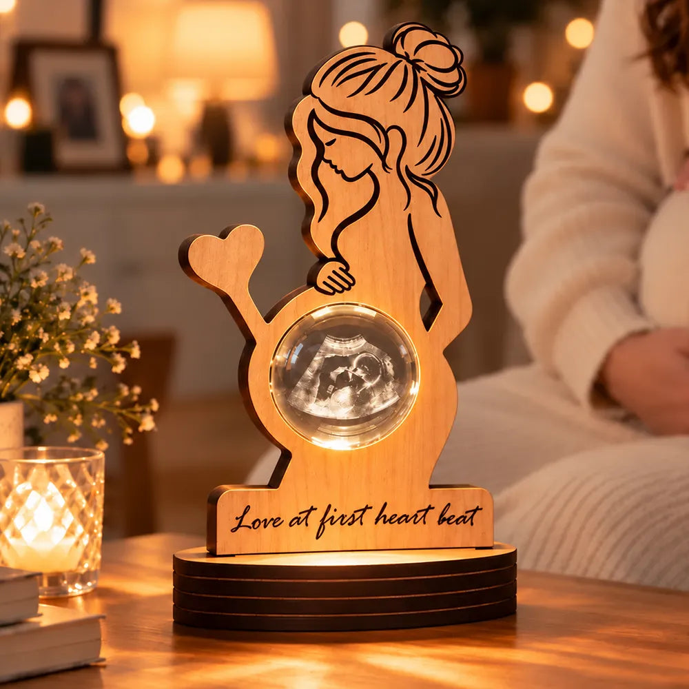 Christmas,Custom Photo,Gift For Mother,Gifts For Her,New Baby,Pregnant Mom,Sentimental,Upload Full Photo - Mindful Gift For Pregnant Mom, New Mother - Personalized Custom Photo Warm And Lovely Baby Bump Crystal Globe Light Wooden Plaque
