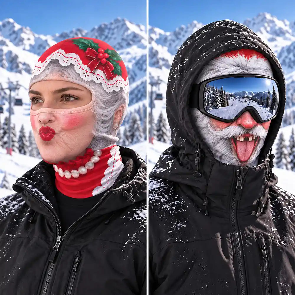 Christmas,Gift For Couples,Humorous,Icon,Old Couples,Skiing - Winter Skiing Gag Gift For Husband, Matching Gear For Couple - Personalized 3D Realistic Funny Santa And Mrs. Clause Balaclava Face Mask
