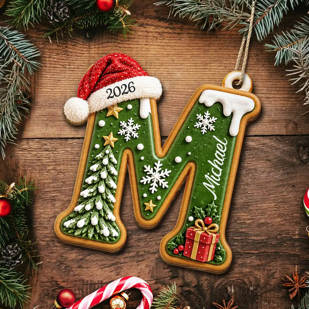 Sentimental,Christmas,Family,Icon - Custom Name Christmas Santa Hat Initial Letter Gift For Family - Personalized Custom Shaped Wooden Ornament
