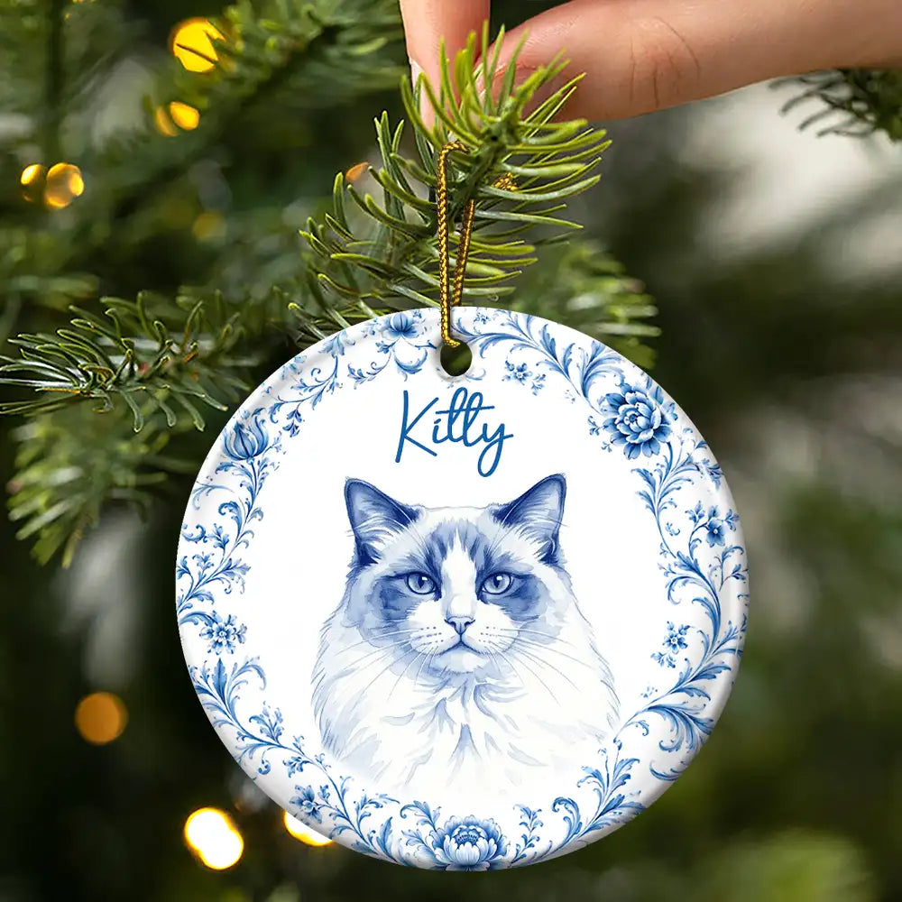 Art Design, Christmas, Cozy, Pet Lovers, Photo - Porcelain Art Style - Custom Photo Single-Color Watercolor Loving Dog Cat Pet Portrait - Personalized Circle Ceramic Ornament