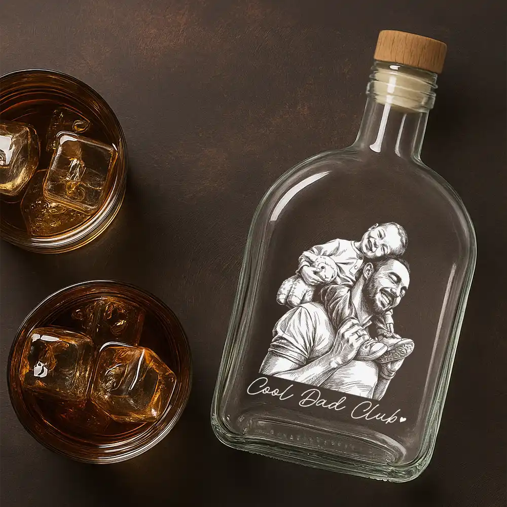 Gift For Father,Gift For Grandpa,Non-Eng,Photo - Pencil Sketch (Dark BG),Proud - Custom Photo White Pencil Sketch Art Best Dad Grandpa Ever Family Portrait - Personalized Whiskey Bottle