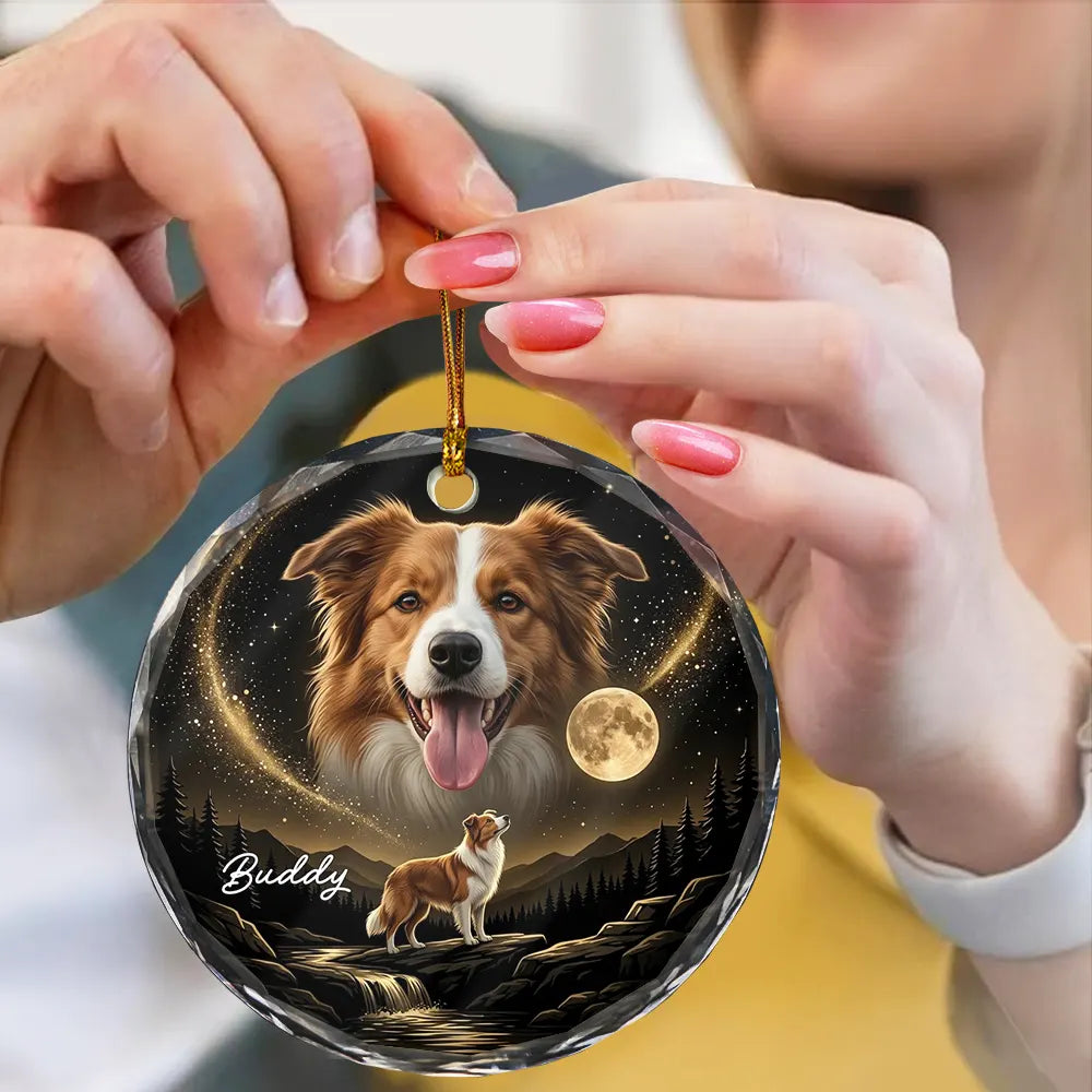 Art Design,Christmas,Custom Photo,Indoor Decor,Pet Lovers,Photo - Moon Pet ,Playful - Gift For Dog Lovers - Personalized Custom Photo Moonlight Night Sky Portrait Circle Glass Ornament