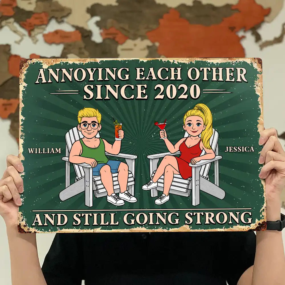 Top Market, Humorous, Old Couples, Gift For Couples, Vector - Annoying Each Other For Many Years Still Going Strong Retro Cartoon Couple - Personalized Classic Metal Signs
