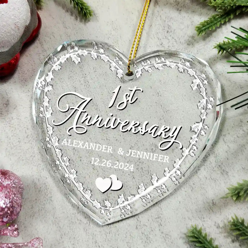 Gift For Couples,Gift For Husband,Gift For Wife,Old Couples,Married ,Wedding Anniversary,Anniversary,Christmas,Love - Married Couple Wedding Anniversary Milestones - 3D Precious Stone And Metal Effect Printed, Personalized Heart Shaped Glass Ornament