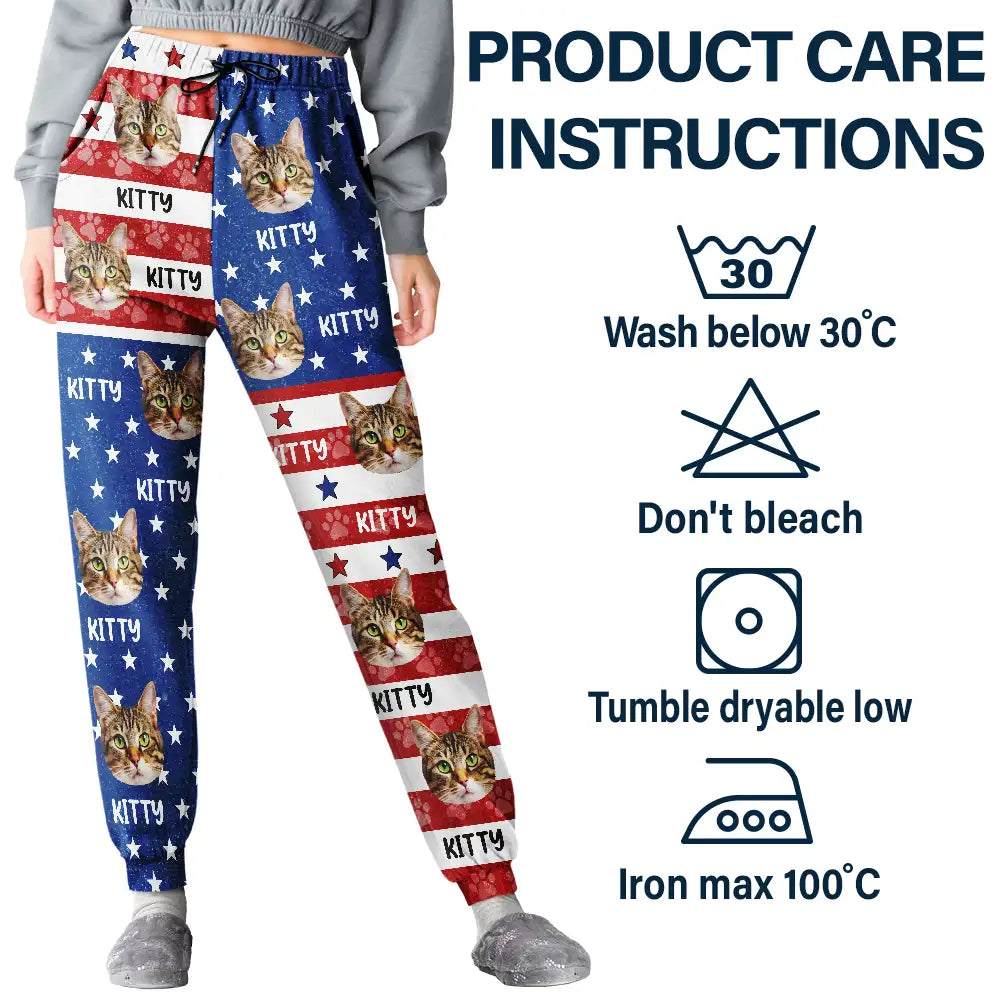 Independence Day,Dog Lovers,Pet Lovers,Cat Lovers,Photo,Proud - Custom Photo Funny Pet Face Pattern Dog Cat US Flag - Personalized Pajama Pants