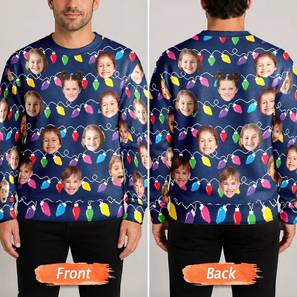 Family - Custom Photo Funny Kid Face Christmas Light - Personalized Unisex Ugly Sweater
