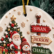 Christmas,Family,Happy,Icon - Christmas Gift For Family - Personalized Family Name Santa And Snowman 3D Embossed Circle Ceramic Ornament