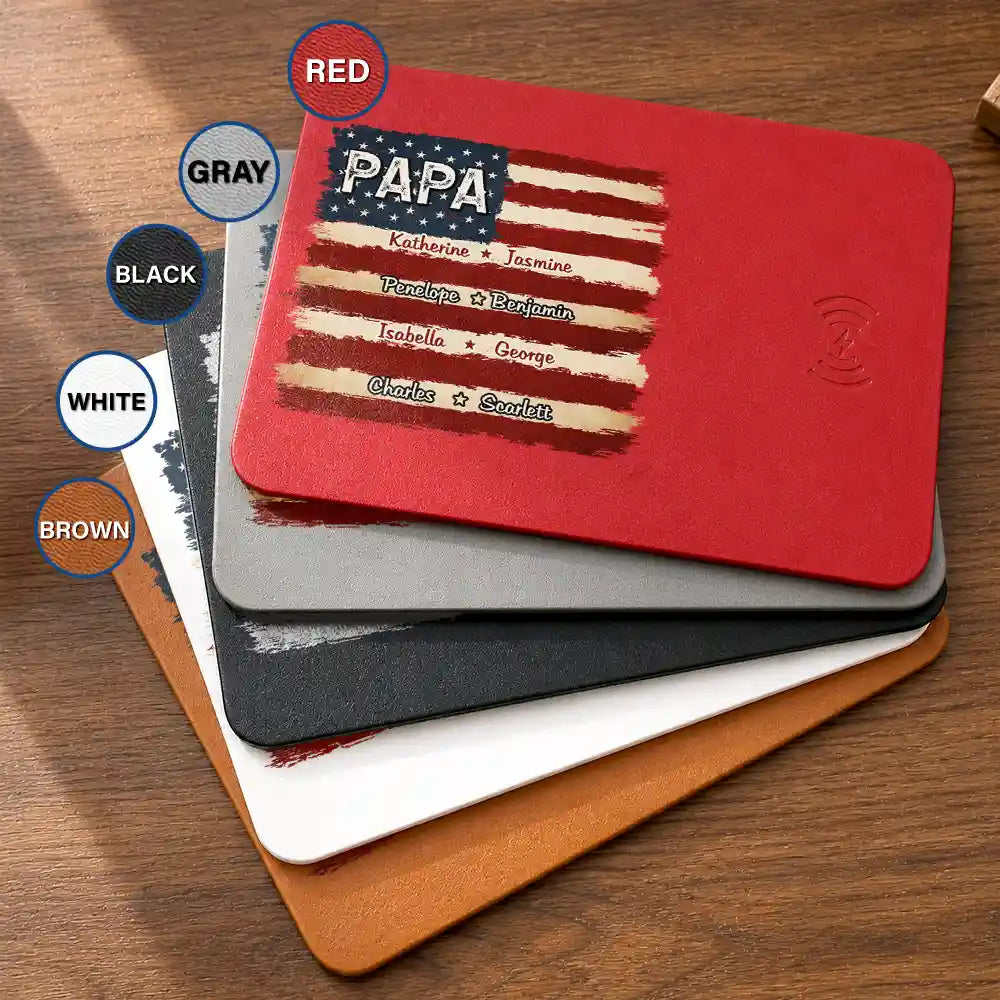 Gift For Father,Gift For Grandpa,Independence Day,Custom Text,Confident - Stars & Stripes US Flag American Dad Grandpa - Personalized Leather Charging Mat