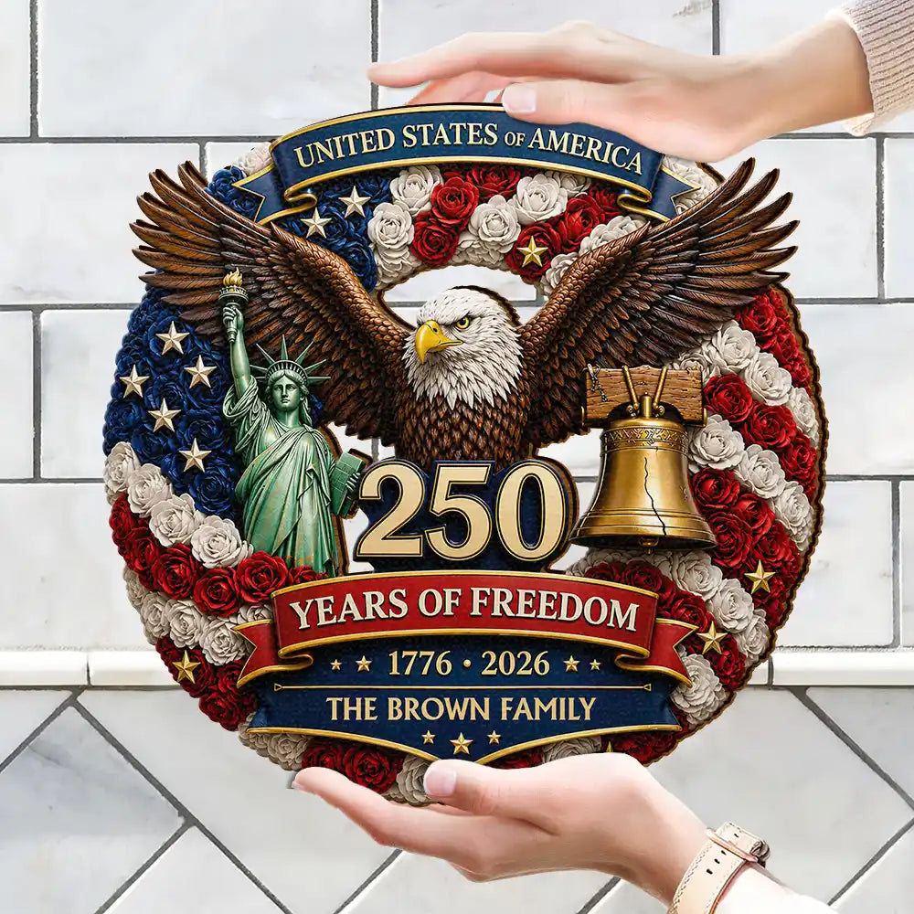Family,Happy,America 250th,Independence Day,Top Market - 3D Effect Stars Stripes & Flowers 250 Years Of Freedom - Personalized Custom Shaped Wood Sign