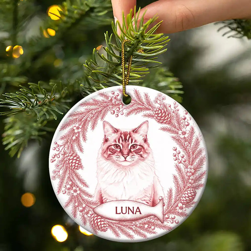 Art Design,Christmas,Cozy,Pet Lovers,Photo - Porcelain Art Style - Custom Photo Single-Color Watercolor Loving Dog Cat Pet Portrait - Personalized Circle Ceramic Ornament