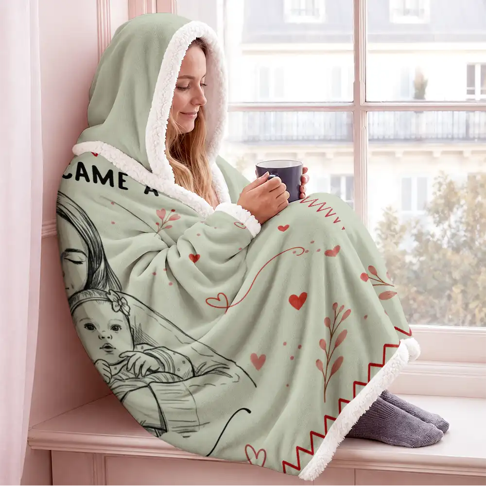 Art Design,Christmas,Custom Photo,First Christmas,Gift For Mother,Gifts For Her,Happy,New Baby,New Mom,Photo - Pencil Sketch - Remove BG - Gift For New Mom - Personalized Custom Photo Pencil Sketch The Year I Became A Mama Wearable Hooded Blanket