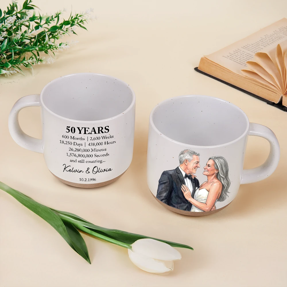 Anniversary,Art Design,Custom Photo,Gift For Couples,Old Couples,Photo - Vivid Watercolor Art,Romantic - Anniversary Gift For Couples - Personalized Custom Photo Watercolor Names Year Counting Time Together Pottery Mug