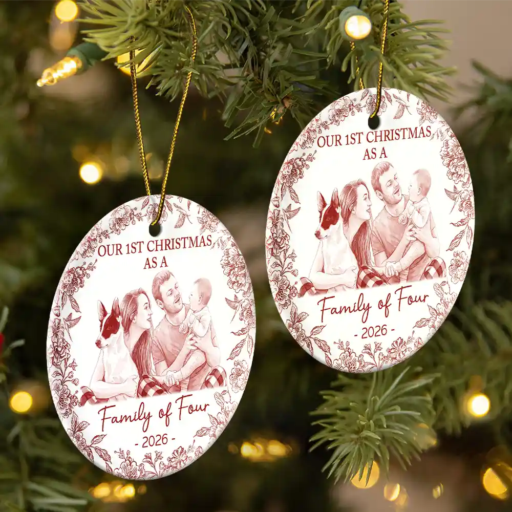 Art Design,Christmas,Family,Photo - Porcelain Art Style,Happy - Custom Photo Single-Color Watercolor First Christmas As A Family Of Four - Personalized Circle Ceramic Ornament