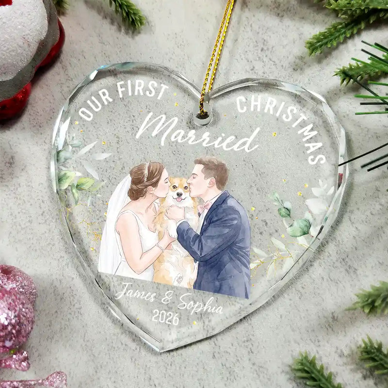 First Christmas,Art Design,Christmas,Married Couple,Romantic,Gift For Couples,Photo - Watercolor - Remove BG - Custom Photo Realistic Watercolor Art Our First Christmas As Mr & Mrs Wedding Couple Pet - Personalized Heart Shaped Glass Ornament