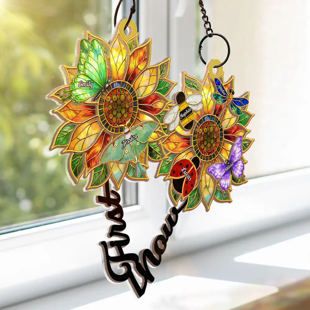 Gift For Grandma,Grandma - Grandkids,Grandma's Hobby,Gardening,Happy - First Mom Now Grandma Sunflower Stained Glass Effect - Personalized Window Hanging Suncatcher Ornament