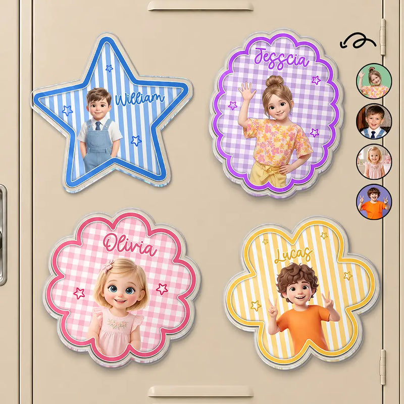 Adorable, Art Design, Back To School, Gift For Kids, Photo - Cartoon Portrait - Custom Photo Cartoon Portrait Kid With Star Flower Shape And Name - Personalized Acrylic Magnet