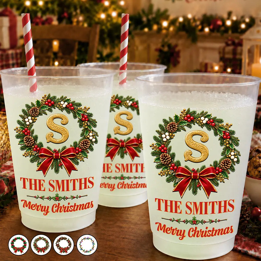 Christmas,Family,Icon,Sentimental,Top Market - Christmas Gift For Family Gathering - Personalized Family Name & Monogram In Holly Wreath Frosted Cups