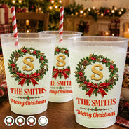 Christmas,Family,Icon,Sentimental,Top Market - Christmas Gift For Family Gathering - Personalized Family Name & Monogram In Holly Wreath Frosted Cups