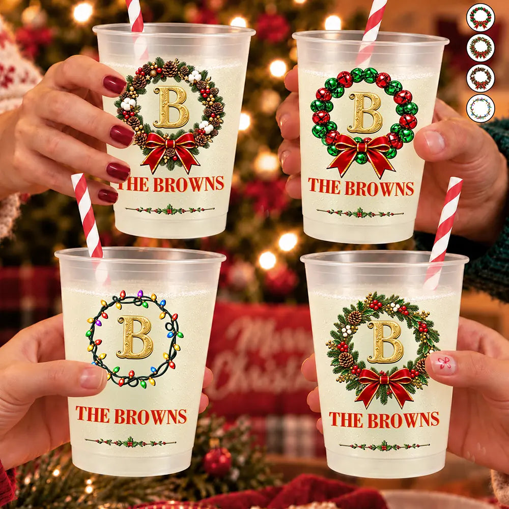 Christmas,Family,Icon,Sentimental,Top Market - Christmas Gift For Family Gathering - Personalized Family Name & Monogram In Holly Wreath Frosted Cups