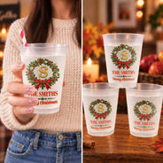 Christmas,Family,Icon,Sentimental,Top Market - Christmas Gift For Family Gathering - Personalized Family Name & Monogram In Holly Wreath Frosted Cups