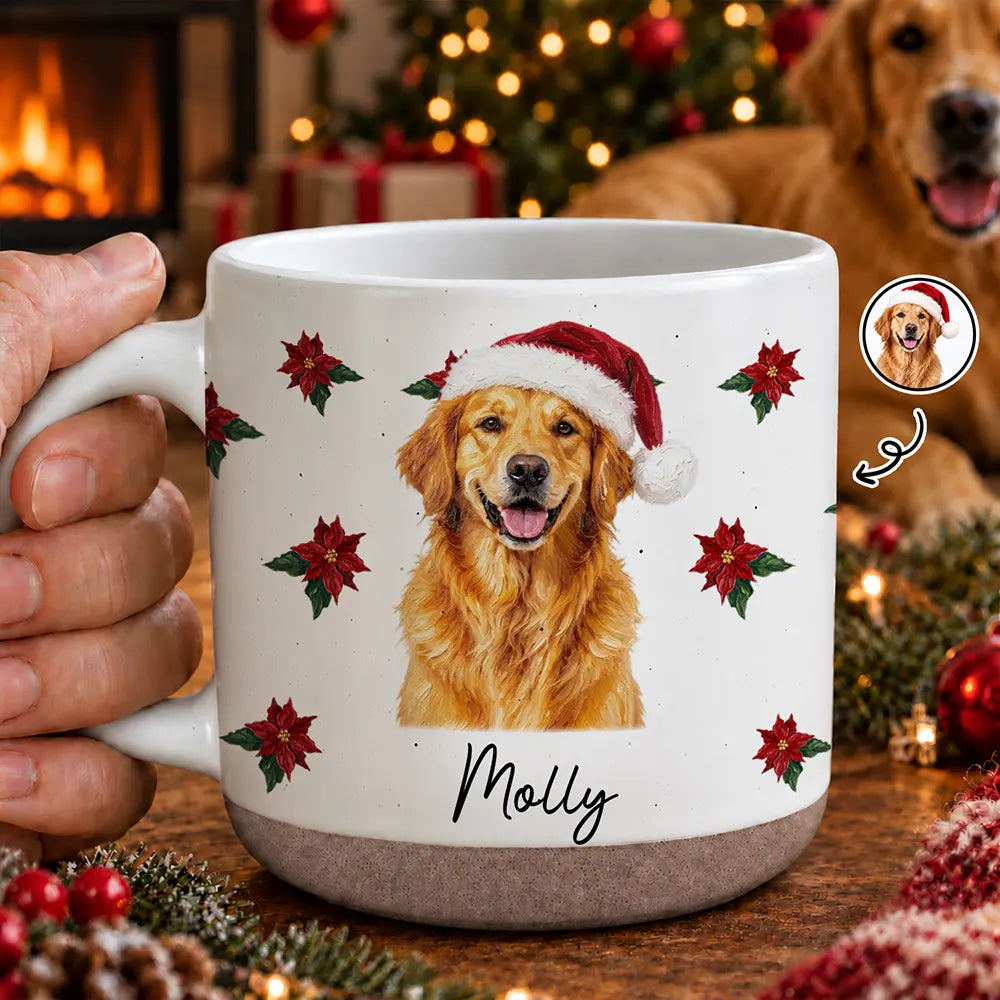 Art Design, Christmas, Custom Photo, Dog Lovers, Pet Lovers, Photo - Oil Painting, Playful - Christmas Gift For Dog Lovers - Personalized Custom Photo & Name Pet Dog Portrait With Holly Snowflake Poinsettia Pottery Mug