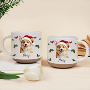 Art Design, Christmas, Custom Photo, Dog Lovers, Pet Lovers, Photo - Oil Painting, Playful - Christmas Gift For Dog Lovers - Personalized Custom Photo & Name Pet Dog Portrait With Holly Snowflake Poinsettia Pottery Mug