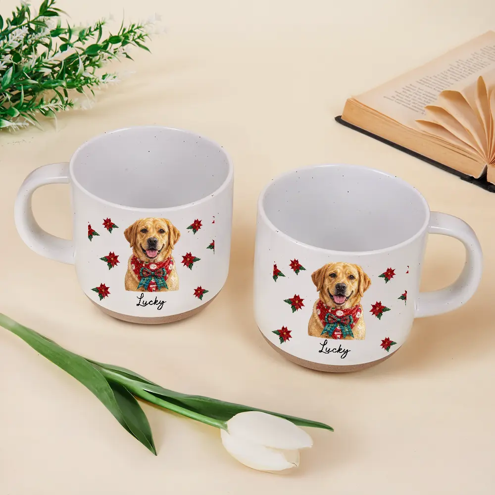 Art Design, Christmas, Custom Photo, Dog Lovers, Pet Lovers, Photo - Oil Painting, Playful - Christmas Gift For Dog Lovers - Personalized Custom Photo & Name Pet Dog Portrait With Holly Snowflake Poinsettia Pottery Mug